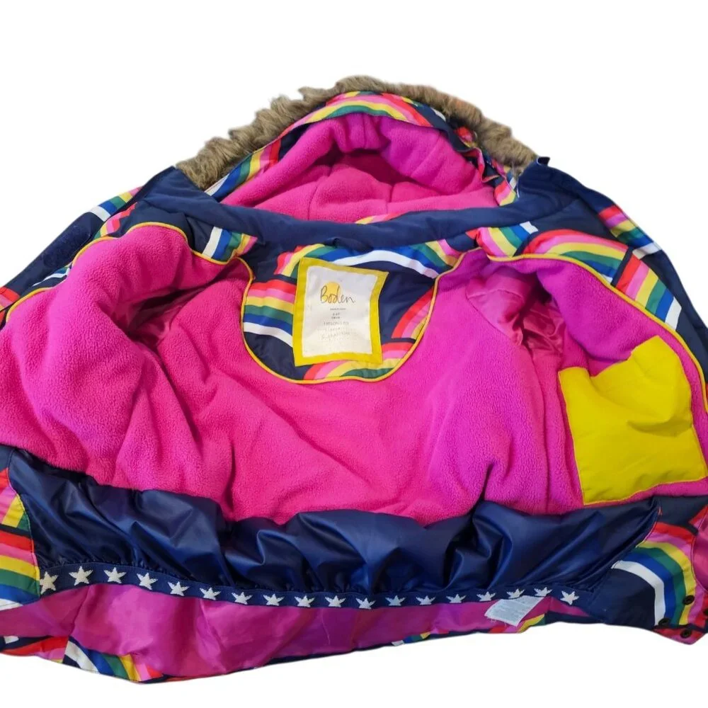 BODEN ALL WEATHER WATERPROOF‎ SKI SNOW COAT JACKET RAINBOW Sz 5-6 Removable Hood